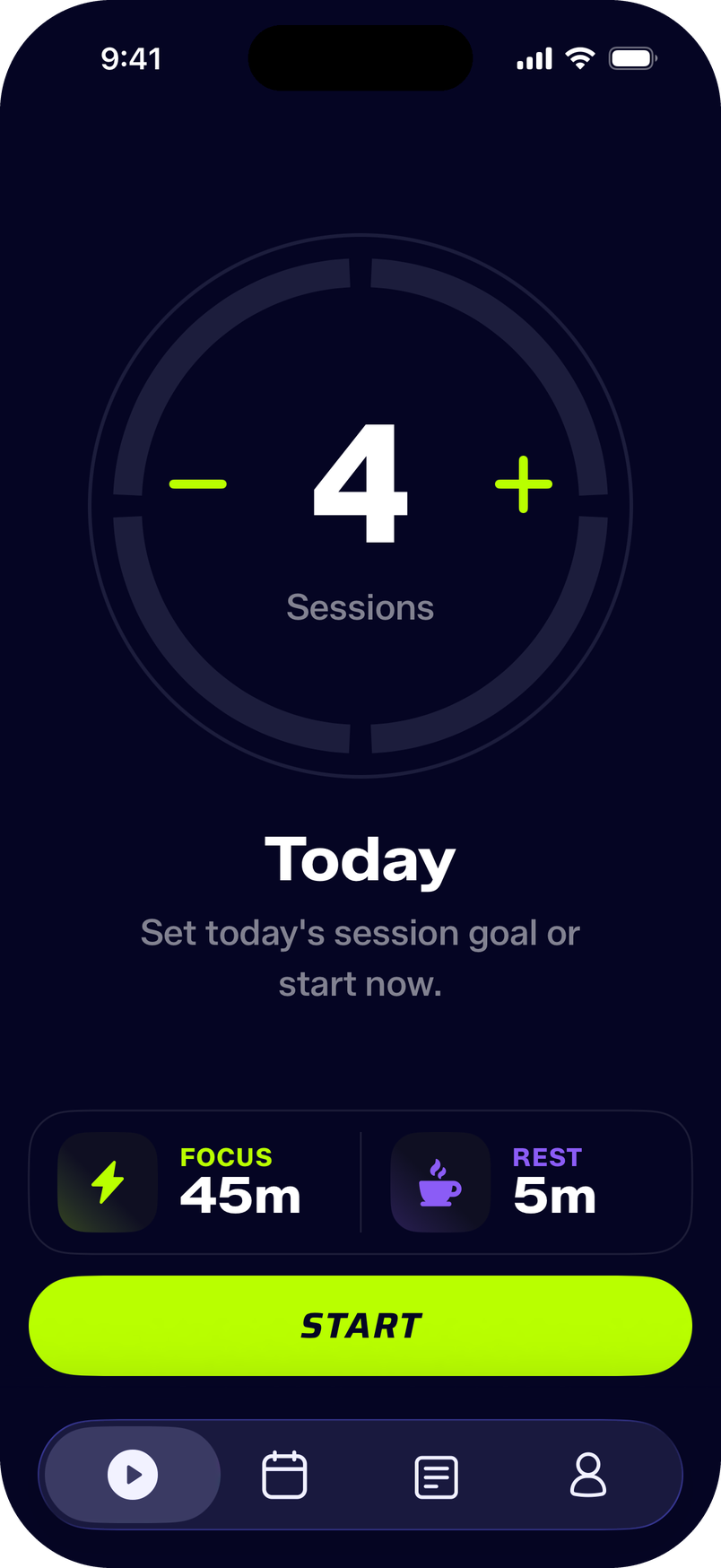 Today screen with the session goal and start button